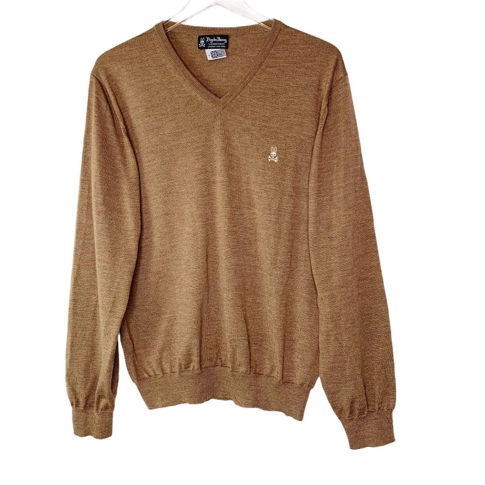 Psycho Bunny V-Neck Merino Wool Sweater Sz M Brown